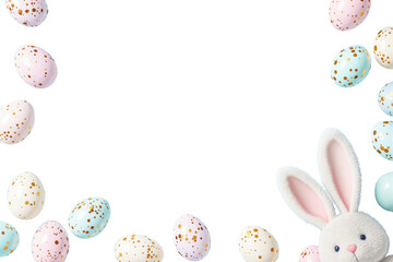 Poster - Festive Easter background with pastel-colored eggs and a plush bunny on a clean white backdrop. Holiday template for creative design. Ai generative