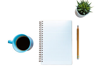 Poster - Top view of a notebook, pencil, coffee cup, and potted plant isolated on white background. Clean layout for workspace or productivity concept. Ai generative