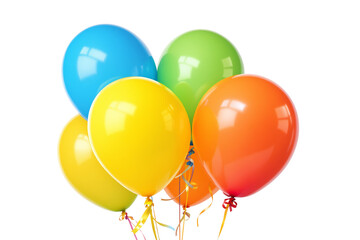 Poster - Bright helium balloons in blue, green, yellow, and orange with ribbons, isolated on a white background. Festive party decoration concept. Ai generative