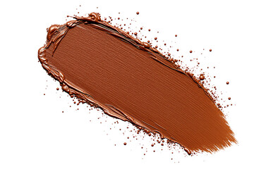 Poster - Smear of brown creamy cosmetic product with textured brush stroke and splattered drops on white background. Makeup or paint element. Ai generative