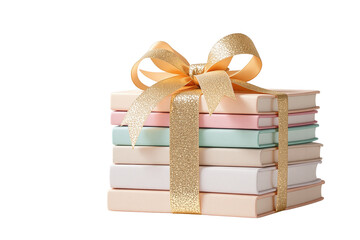 Poster - Stack of pastel-colored books tied with a golden ribbon, isolated on a white background. Concept of education, gift, and knowledge. Ai generative