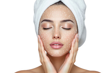 Poster - Woman with digital facial recognition grid, eyes closed, touching face. Isolated on white background. Concept of skincare and technology. Ai generative