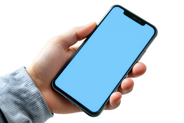 Aufkleber - Hand holding smartphone with blank blue screen, isolated on white background. Concept of technology, mobile device, touchscreen, digital communication. Ai generative