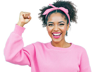 Wall Mural - Happy woman in pink sweater with raised fist, smiling with confidence, isolated on white background. Concept of success and empowerment. Ai generative