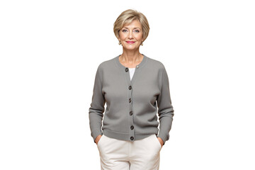 Poster - Elegant senior woman in gray cardigan and white pants, standing with hands in pockets on a white background. Confident and stylish concept. Ai generative