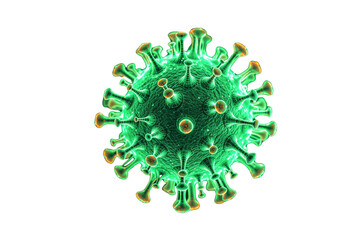 Aufkleber - Closeup of a green virus particle with detailed spike proteins, isolated on a white background. Concept of infection, disease, and microbiology. Ai generative