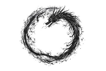Poster - Abstract black dragon in a circular form with ink splatter, isolated on white background, symbolizing power and mysticism. Ai generative