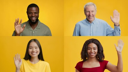 Poster - A collection of four individuals from various backgrounds wave hello against a vibrant yellow background, showcasing diversity and warmth in their gestures and smiles.