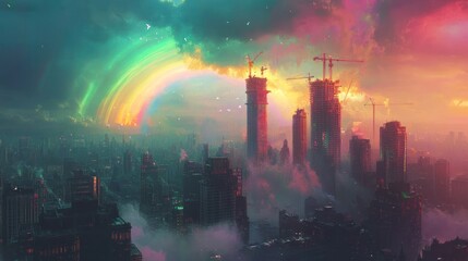 Wall Mural - Futuristic city construction, rainbow, aerial view,  fantasy