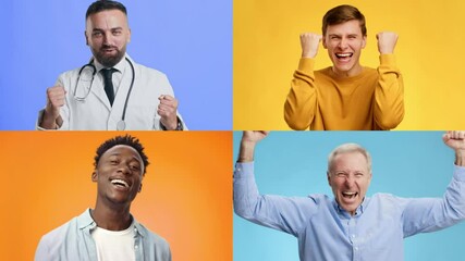 Poster - Four diverse individuals express excitement and happiness through victorious gestures, showcasing their emotions against bright, colorful backgrounds that enhance the cheerful atmosphere.