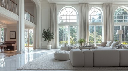 Aufkleber - A double-height living room with large windows, white walls, and arched ceilings.