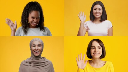Poster - A collection of diverse individuals from different backgrounds joyfully greeting the viewer with smiles and waves.