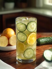 Poster - Fresh cucumber and ginger energy drink recipe, showcasing a refreshing green beverage in a tall glass filled with ice.
