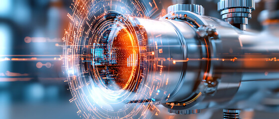 Poster - Industrial technology innovation manufacturing facility digital infrastructure modern environment close-up view data visualization impact