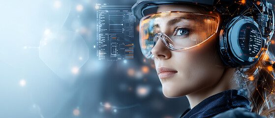 Poster - Innovative technology in action female engineer in augmented reality laboratory environment close-up view future vision