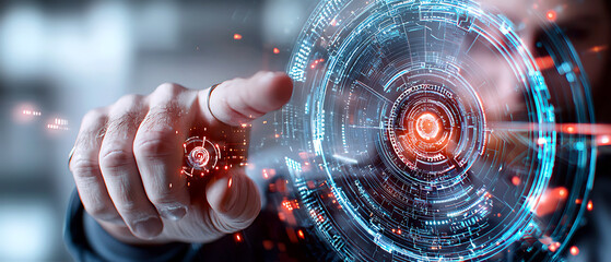 Poster - Interactive technology demonstration futuristic user interface modern workspace digital art engaging environment close-up view innovation