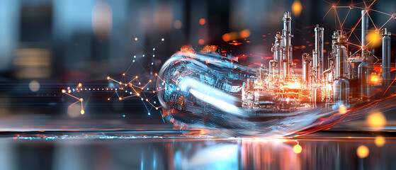 Poster - Innovative industrial technology revolutionizes urban development modern cityscape digital art futuristic environment eye-level view