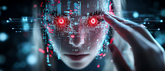 Poster - Futuristic ai girl digital realm portrait cyber environment close-up technology concept