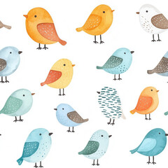 Naklejka na meble Seamless illustration of watercolor animals. A colorful array of whimsical birds in various sizes and shades, creating a charming, playful pattern on a white background.
