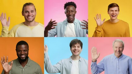 Poster - A joyful collection of individuals from various backgrounds smiling and waving with enthusiasm. The vibrant colors enhance their cheerful greetings, showcasing diversity and friendliness.