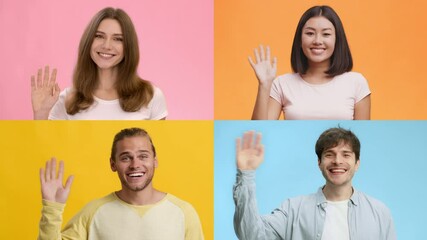 Poster - A cheerful collection of four individuals from different backgrounds waving and greeting. Each person appears in front of a vibrant pastel backdrop, showcasing a friendly and welcoming atmosphere.