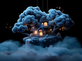 Poster - a floating island surrounded by shimmering waterfalls, glowing fireflies dancing in the twilight, dr