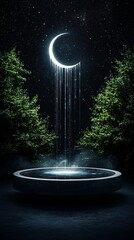 Poster - A moonlit waterfall cascading into a pool of glowing liquid, surrounded by ancient bioluminescent trees, mist swirling gently in the air, otherworldly atmosphere, hyper-detailed digital art,