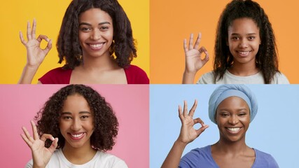 Poster - Four women of different backgrounds joyfully display the okay gesture against colorful backgrounds. Their expressions radiate positivity and confidence in this lively, isolated setting.