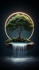 Poster - A moonlit waterfall cascading into a pool of glowing liquid, surrounded by ancient bioluminescent trees, mist swirling gently in the air, otherworldly atmosphere, hyper-detailed digital art,