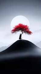 Poster - A lone samurai standing under a luminous cherry blossom tree at midnight, soft petals glowing in the moonlight, gentle mist swirling around, mystical and elegant atmosphere, hyper-detailed Japanese