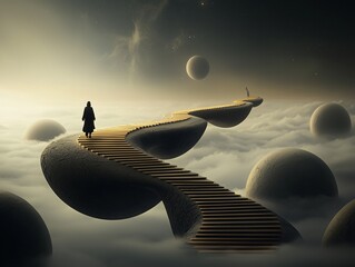 Poster - a vast cosmic landscape with floating golden staircases leading to an unknown destination, glowing n