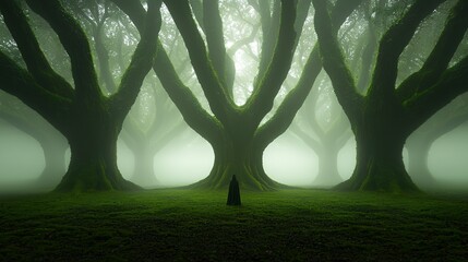 Poster - A misty forest at dawn, soft golden light filtering through ancient trees, ethereal fog swirling around moss-covered roots, a lone figure in a flowing cloak standing in the distance, dreamy