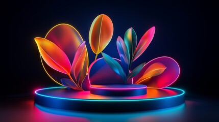 Poster - Colorful Neon Leaves on a Round Base with Abstract Design Elements