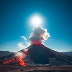 a high-resolution image of a volcano erupting in the middle of a clear blue sky, with the massive pl