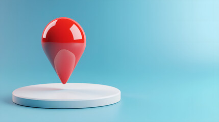 Poster - Red glossy location pin hovers above a white platform on a blue gradient background, symbolizing navigation and mapping