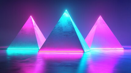 Poster - Neon Illuminated Pyramids in Vibrant Colors on Glossy Surface