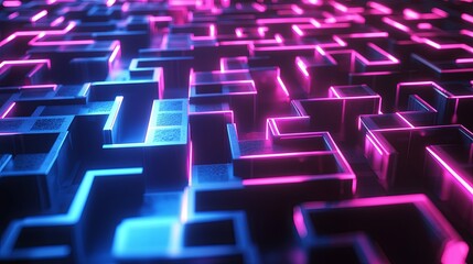 Poster - Neon Maze Pattern with Glowing Blue and Pink Lights in 3D Design