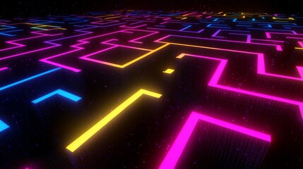 Poster - Vibrant Neon Maze Pattern with Colorful Lines and Dark Background