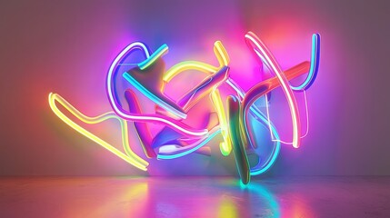 Poster - Colorful Neon Light Installation on a Wall with Abstract Design