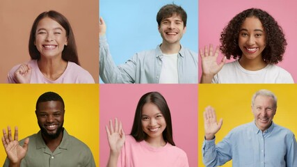 Poster - A collage displays six individuals of varying backgrounds and ages, all smiling and waving their hands in a joyful greeting. Their warm expressions convey positivity and connection.