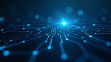 Poster - Futuristic circuit board with glowing blue lines and digital connections. Abstract technology, computing, and data communication concept