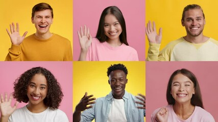 Poster - A joyful collection of six individuals from diverse backgrounds happily greeting with raised hands. Each person expresses warm emotions against vibrant pink and yellow backgrounds.