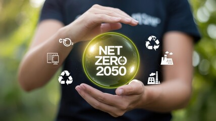Hands presenting net zero target graphic for future climate