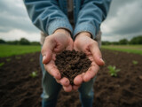 Close-up of hands holding rich soil in lush green field under cloudy sky