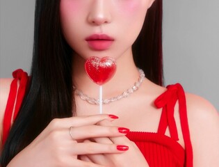 Portrait of beautiful young asian woman with makeup, smooth skin and red lipstick with black soft hair and red dress holding red lollipop with light background 