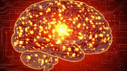 Poster - Futuristic Brain with Circuitry Design Glowing in Dark Background