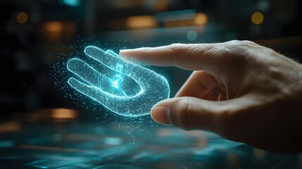Poster - close up detail of a fingertip touching and interacting with a floating transparent holographic icon