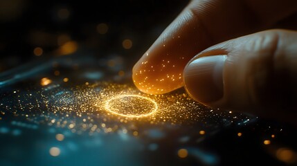 Fototapete - close up view of a human fingertip gently touching and interacting with a floating luminous holograp