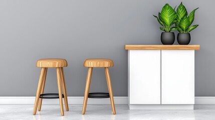 Modern kitchen interior featuring wooden cabinets two stools and a plant in a white cabinet