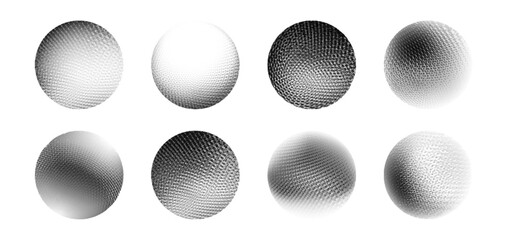 Poster - Grain dot sphere collection of monochrome halftone patterns - circular shapes with gradient mesh texture, stippled surface effects with different density of dots. Abstract geometric elements.